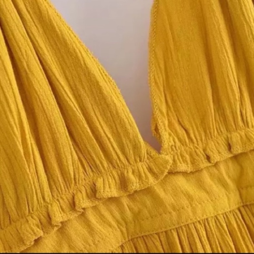SOLD OUT Mustard Swiss Dot Mesh Ruffle Halter Mini Dress - Picture 9 of 10